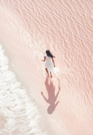 Little girl in a white dress on the beach with pink water.の素材