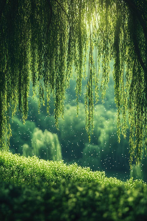 Spring landscape with green willow branches and fresh grass, vintage tonedの素材