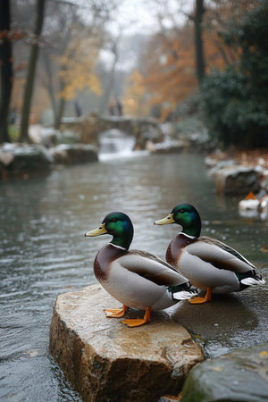 Mallard ducks on a rock in a park in autumn.の素材
