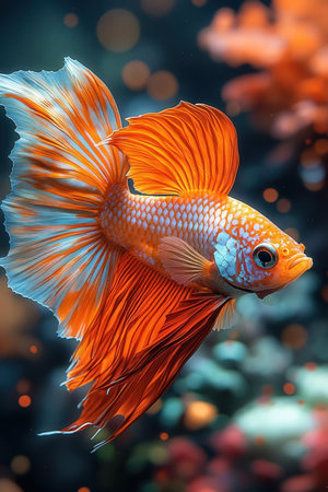 Capture the moving moment of red siamese fighting fish isolated on black background. betta fish.の素材