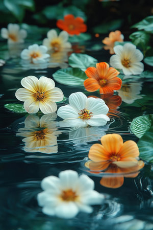 Beautiful flowers reflected in water. Colorful flowers reflected in water.の素材