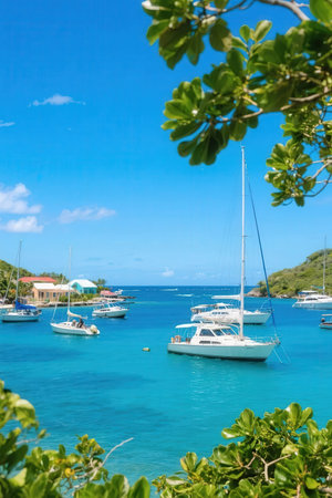 Beautiful tropical beach with yachts and boats in Seychellesの素材