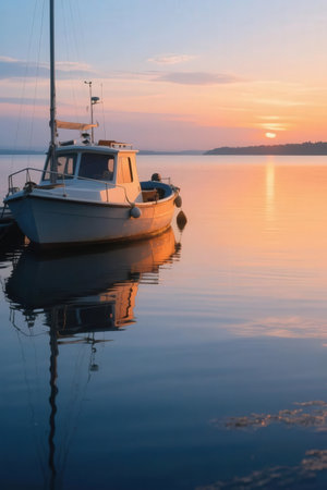 Fishing boat on the water at sunset. Beautiful summer landscape.の素材