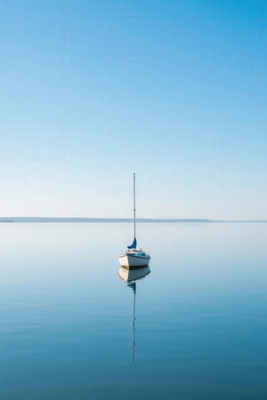 Sailboat on the calm lake with blue sky in the backgroundの素材