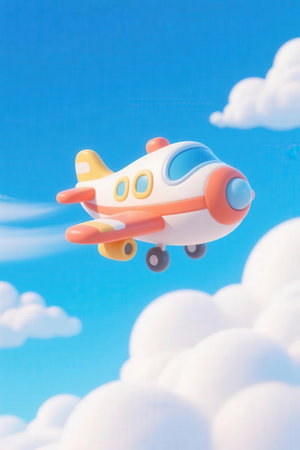 Toy airplane flying in the blue sky with white clouds, conceptual imageの素材