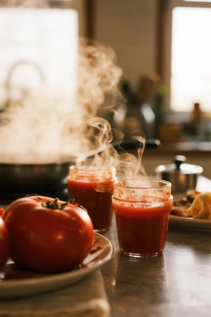 Glasses of tomato juice with smoke on table in kitchen, closeupの素材