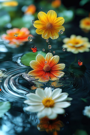 Water drops on colorful flowers with reflection on water surface, closeupの素材