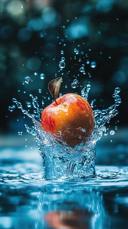 Red apple falling into water with a splash and drops of water in the backgroundの素材