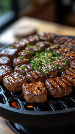 Japanese cuisine. Grilled sliced beef with sesame seeds on grillの素材