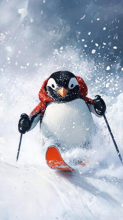 Penguin skiing in the mountains. Winter sport and leisure concept.の素材