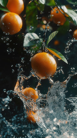 Fresh tangerines falling into water with splash and drops on black backgroundの素材