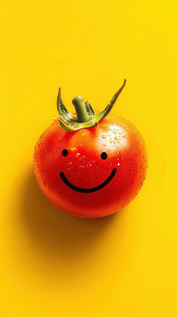 Funny tomato with smiley face on yellow background, top viewの素材