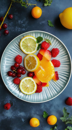 Fruit salad with lemon, strawberries, oranges and currants on a blue backgroundの素材