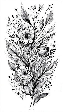Hand drawn flowers and leaves on white background. Black and white vector illustration.の素材