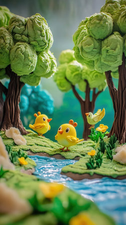 Easter cake with chickens and green plants in the form of a treeの素材