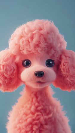 Pink toy poodle on a blue background. Close-up.の素材