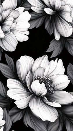 Black and white monochrome floral background with dahlia flowers.の素材