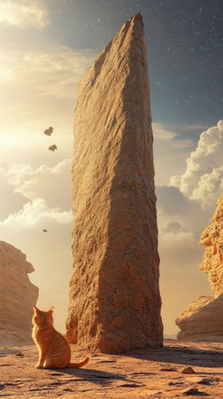 Cat sitting on the rock in the desert at sunset. 3d renderingの素材