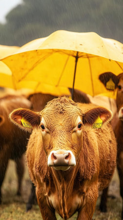 Cows in the rain with yellow umbrellas in the backgroundの素材