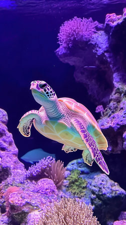 Green Sea Turtle swimming in a coral reef in a marine aquarium.の素材