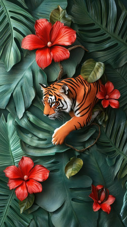 Tiger with tropical leaves and flowers, flat lay. Floral backgroundの素材