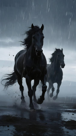 Black horses running in the rain on a foggy winter day.の素材