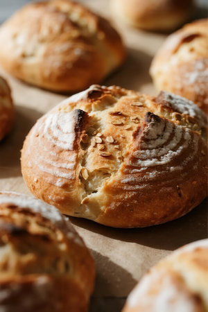 Freshly baked buns with sesame seeds on baking paper.の素材