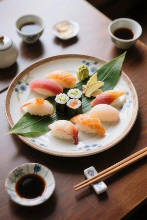 sushi set on plate with chopsticks and soy sauce on wooden tableの素材