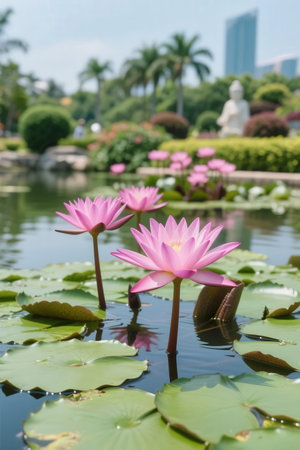 Beautiful pink lotus flower in the pond with city background.の素材