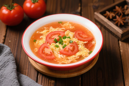 Tomato soup with cheese and herbs in a bowl on wooden backgroundの素材