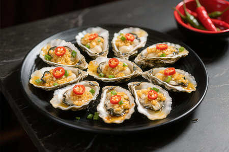 Fresh oysters with garlic and chili sauce on black plate, closeupの素材