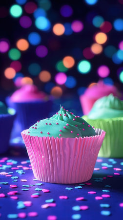 Delicious cupcakes on color table against bokeh lights backgroundの素材