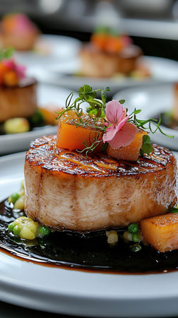 Grilled scallops with pumpkin and microgreens, closeupの素材