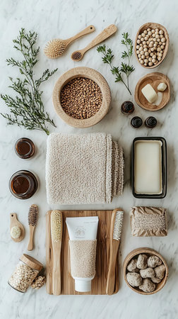 Zero waste bathroom accessories and natural cosmetics on white marble background, top viewの素材