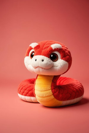 Cute toy snake on a red background. Minimal concept.の素材