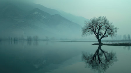 Lonely tree on a lake in the foggy morning.の素材
