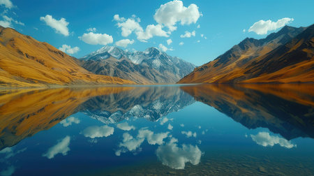 Beautiful landscape with mountain lake and reflection of clouds in the waterの素材