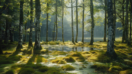 Misty morning in the misty forest with pond and trees.の素材