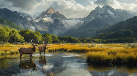 Elk on the background of the Fitz Roy mountain range, Argentinaの素材