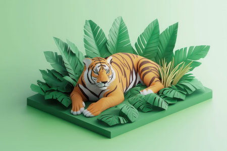 Tiger in the jungle. 3D illustration. Green background.の素材