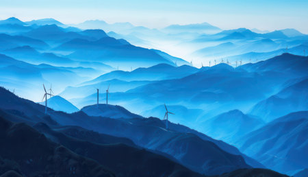 Wind turbines on the top of the mountains in the morning fog.の素材