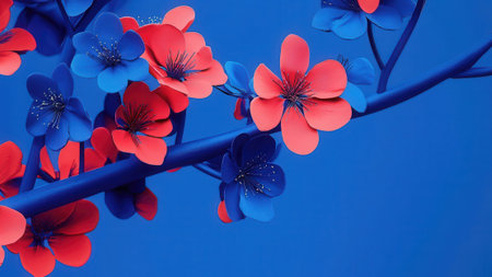 Plum blossom on a blue background, closeup of photoの素材