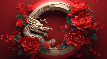 Chinese New Year background. Golden dragon and red flowers. 3D renderingの素材