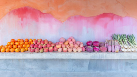 Fruits and vegetables on shelf in market, stock photo image.の素材