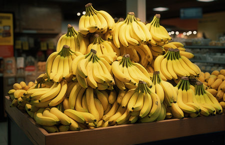 Bunch of bananas on the counter of a supermarket. Selective focus.の素材