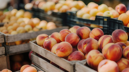 Fresh ripe peaches in wooden boxes on farmers market. Selective focusの素材