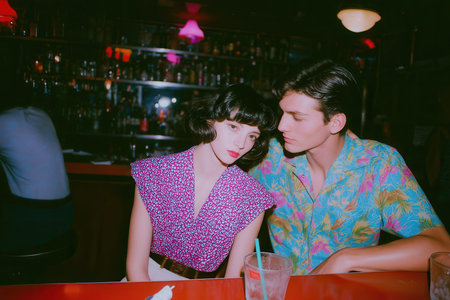 young beautiful couple in love sitting in a nightclub bar, drinking cocktailsの素材
