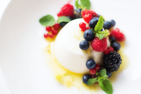 Panna cotta with fresh raspberries, blueberries and mintの素材