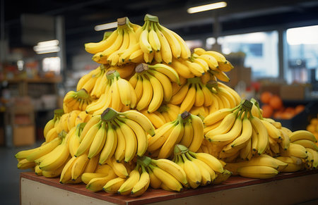 Bunch of bananas on display at a grocery store, close upの素材