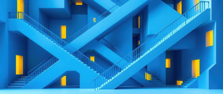 3d render, abstract background with blue and yellow stairs. Futuristic architecture.の素材